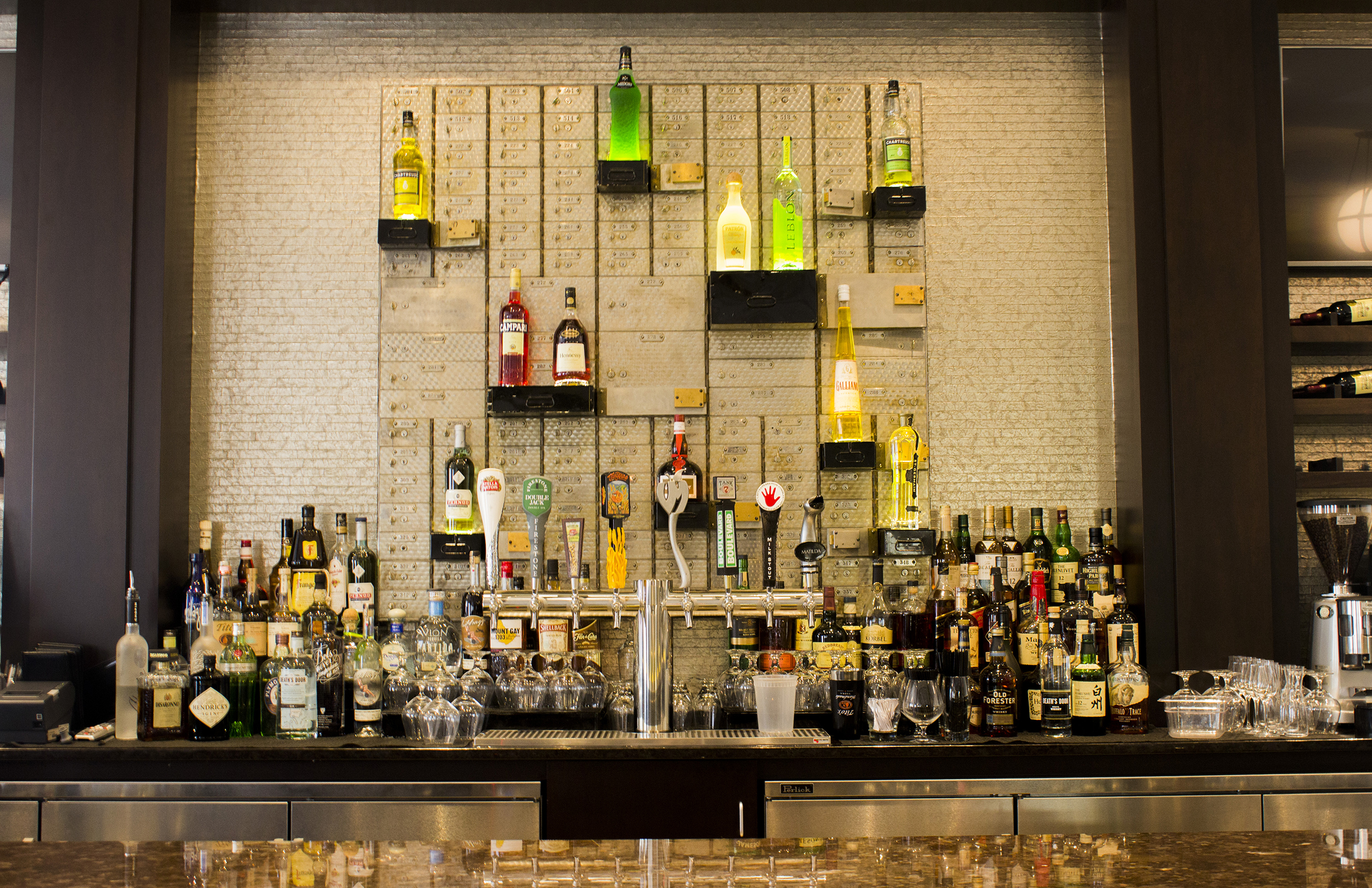 full bar set up in an old bank