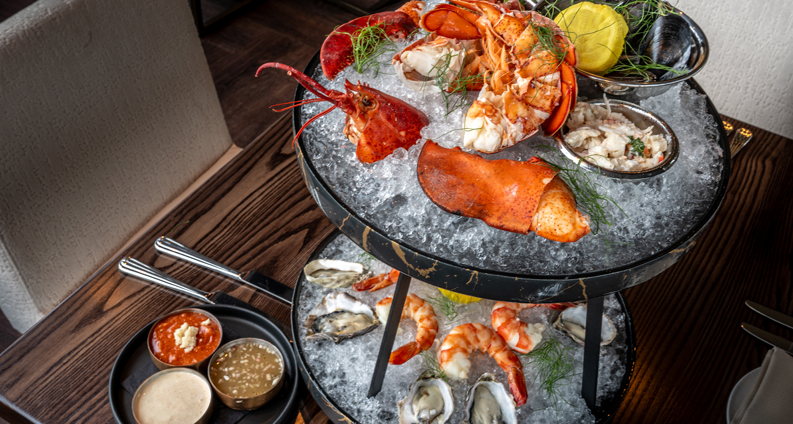 seafood tower with crab, lobster, oysters and other seafood